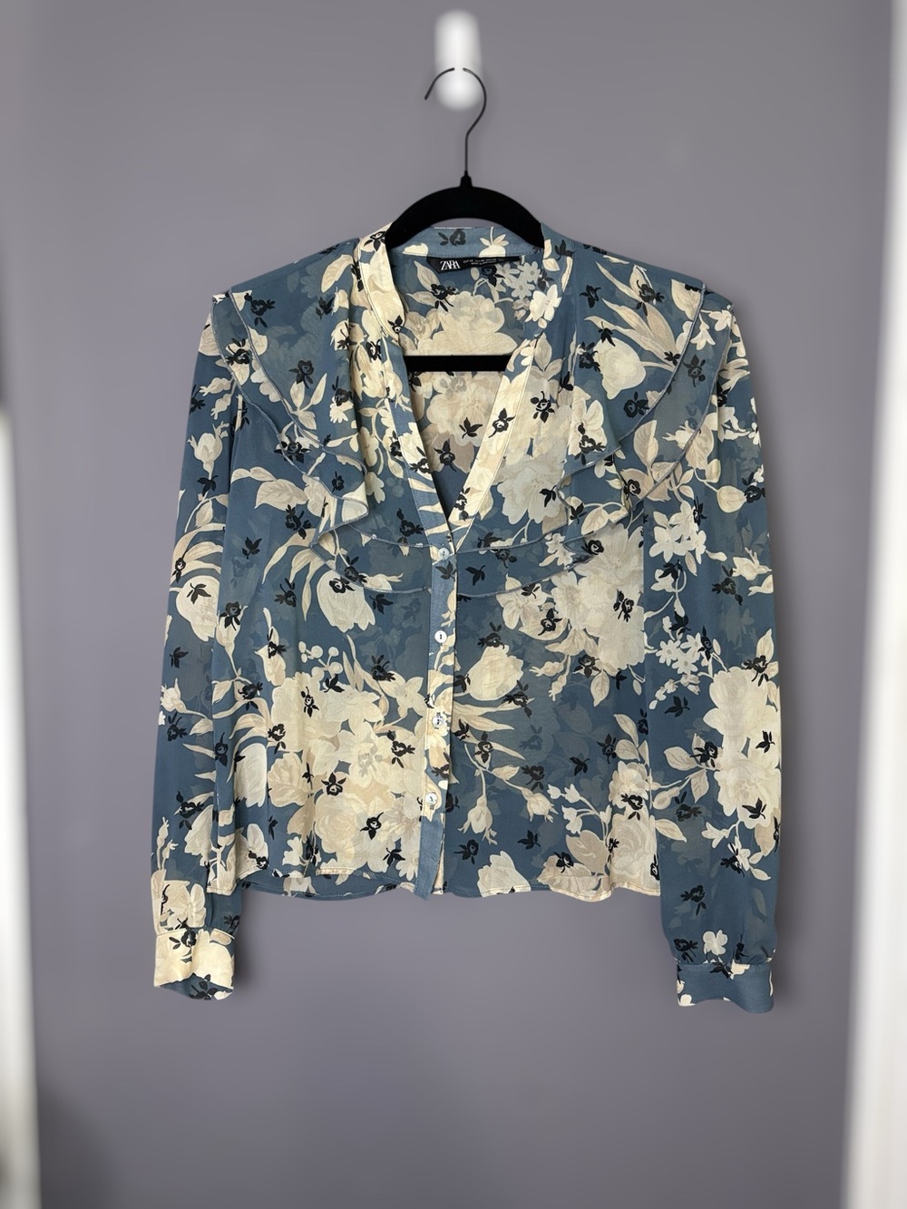 Zara Blue Cream Floral Ruffle Sheer Long Sleeve Blouse XS